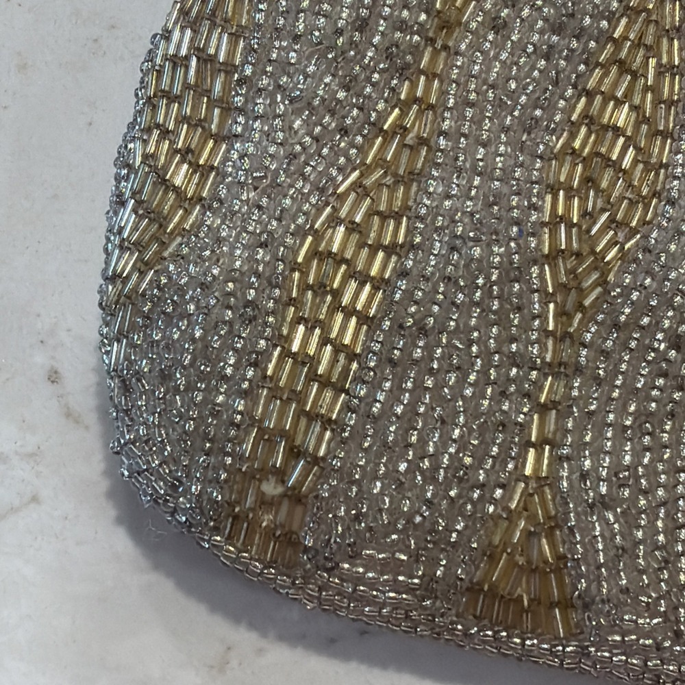 Vintage Delill Beaded Evening Bag Seed Bead Purse Silver &Gold Detachable Chain - Picture 5 of 16